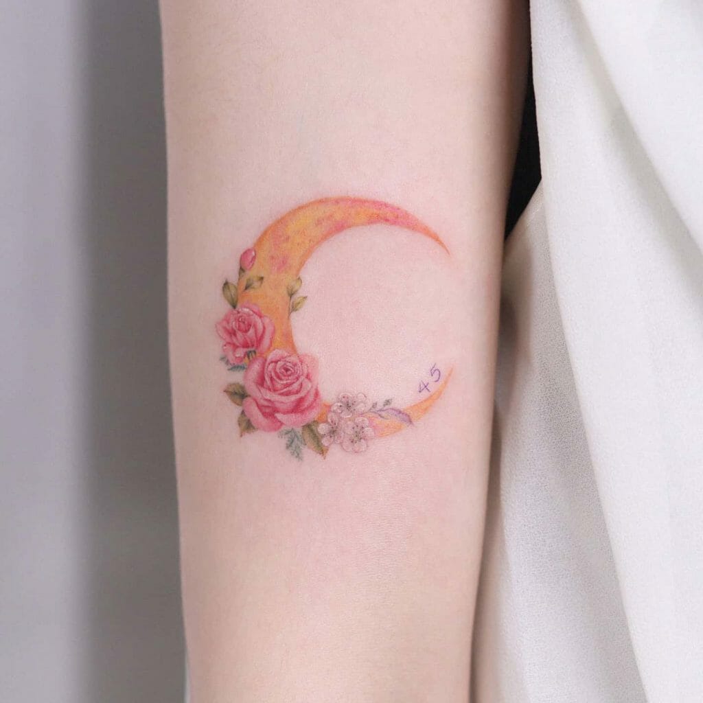 Colored Crescent Moon With Flowers Tattoo