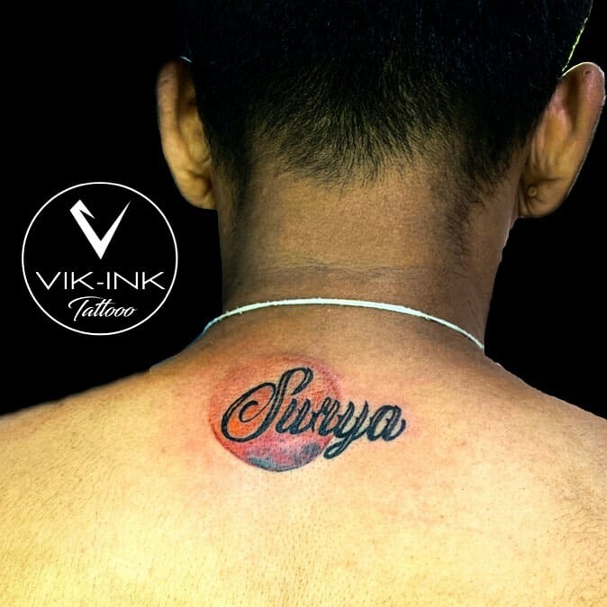 Colored Name Tattoo On Neck