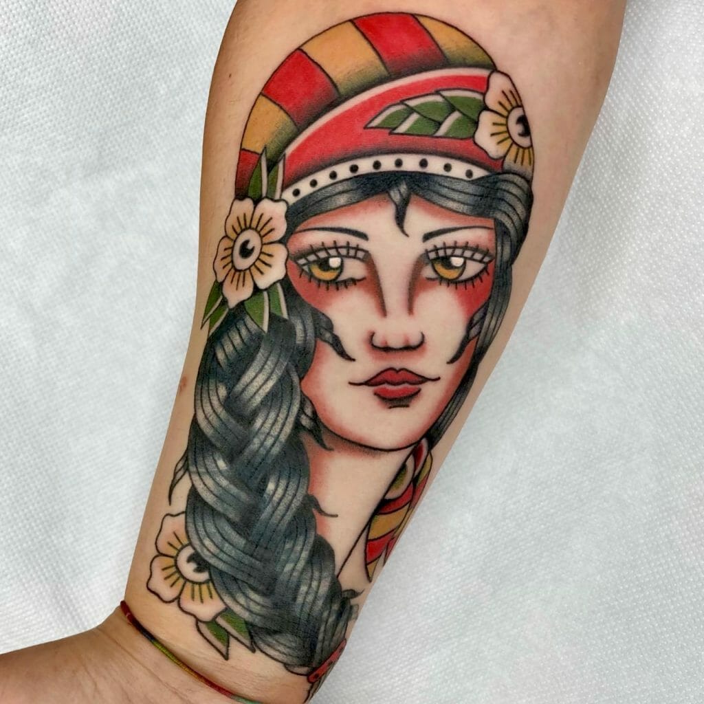 Colorful Gypsy Girl Head Tattoo