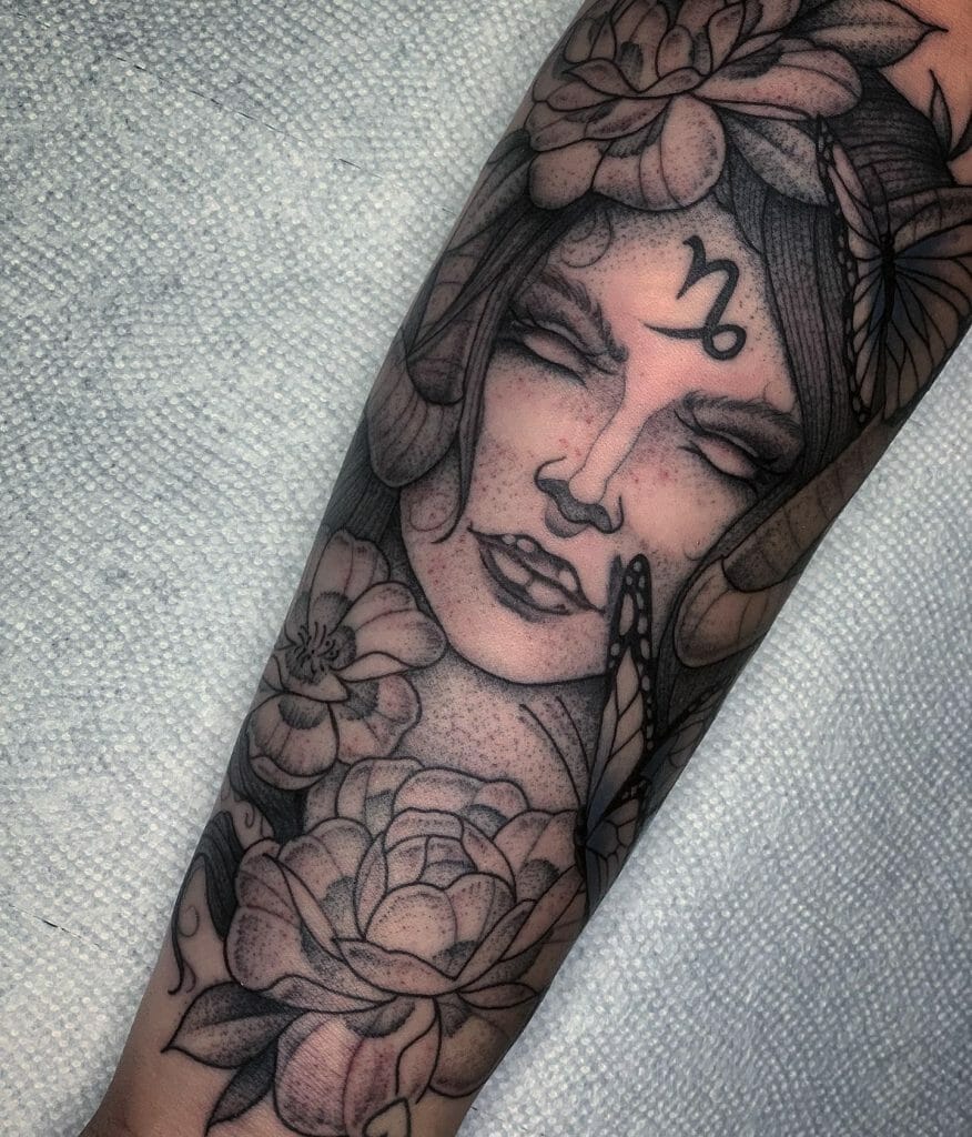 Female Goddess Girly Capricorn Sign Tattoo
