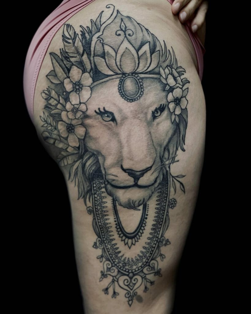 Female Lion Tattoo On Thigh