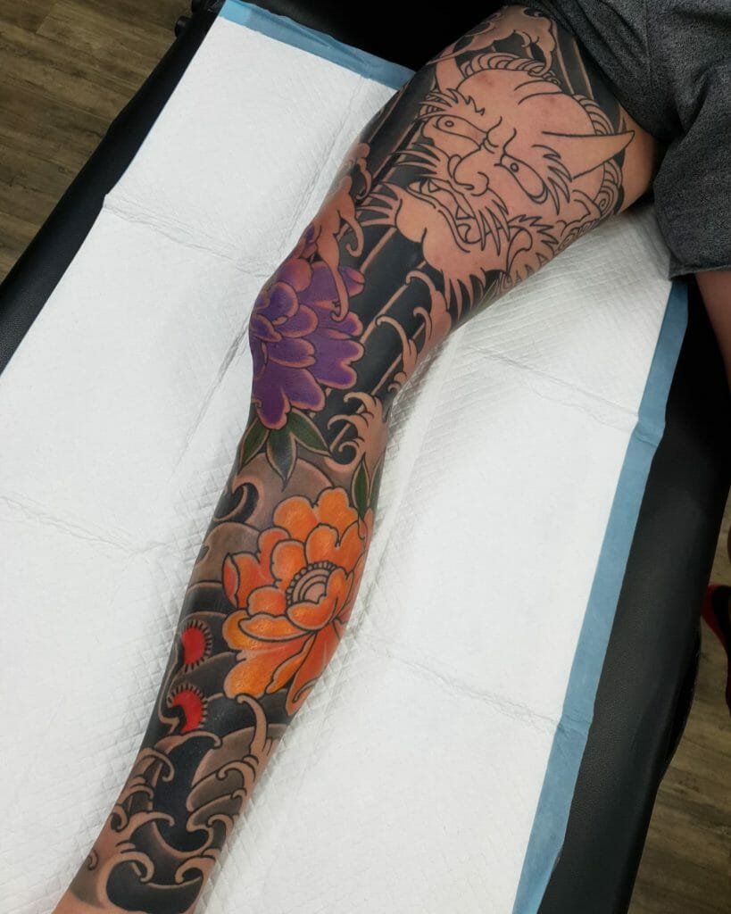 Foo Dog And Chrysanthemum Full Leg Sleeve Japanese Tattoo
