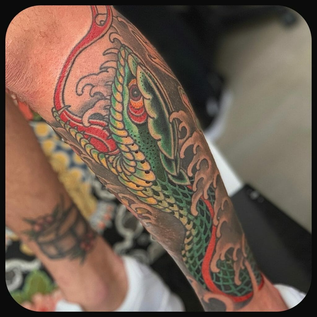 Green Serpent Full Leg Sleeve Tattoo