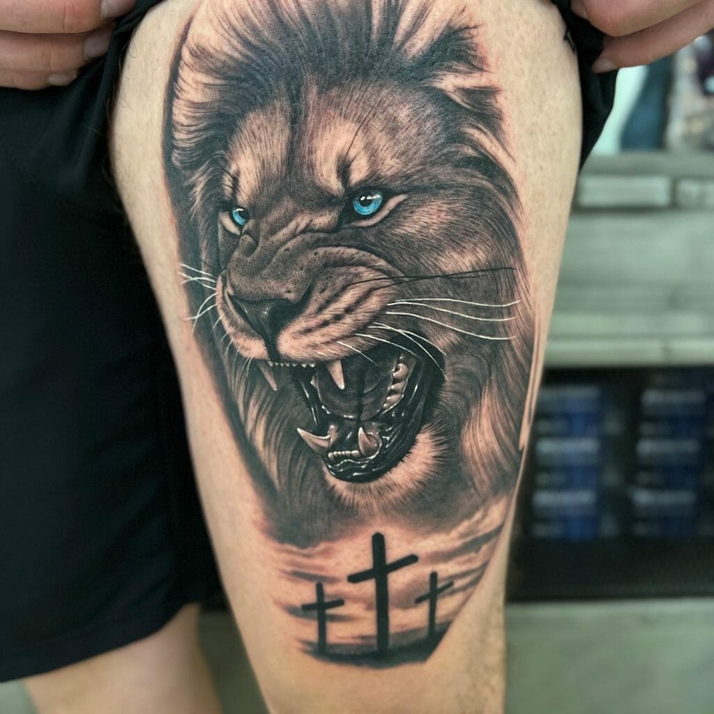 Lion Tattoo Religious On Thighs