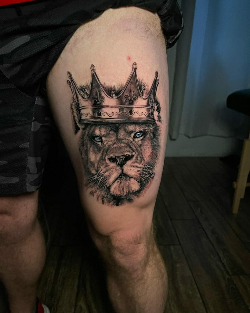 Lion With Crown Tattoo On Thigh