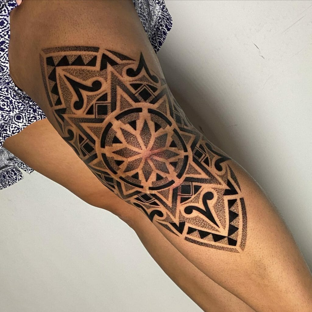 Mayan Art Inspired Mandala Thigh Tattoo Designs