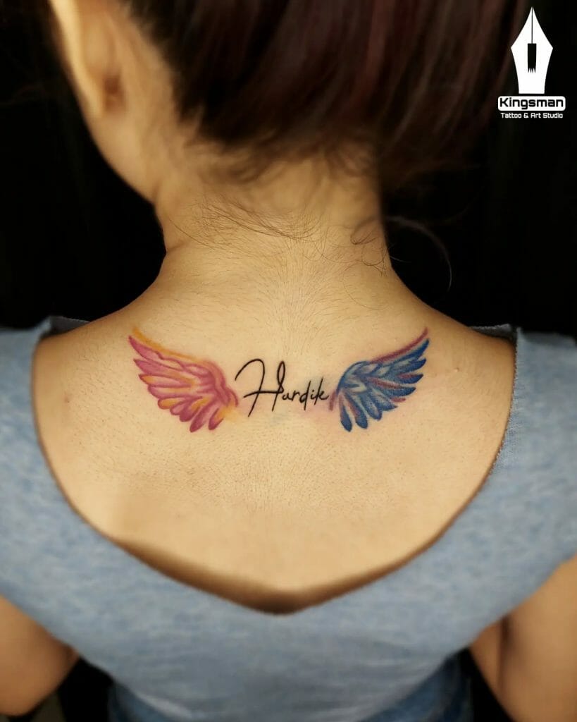 Name With Wings Tattoo On Neck