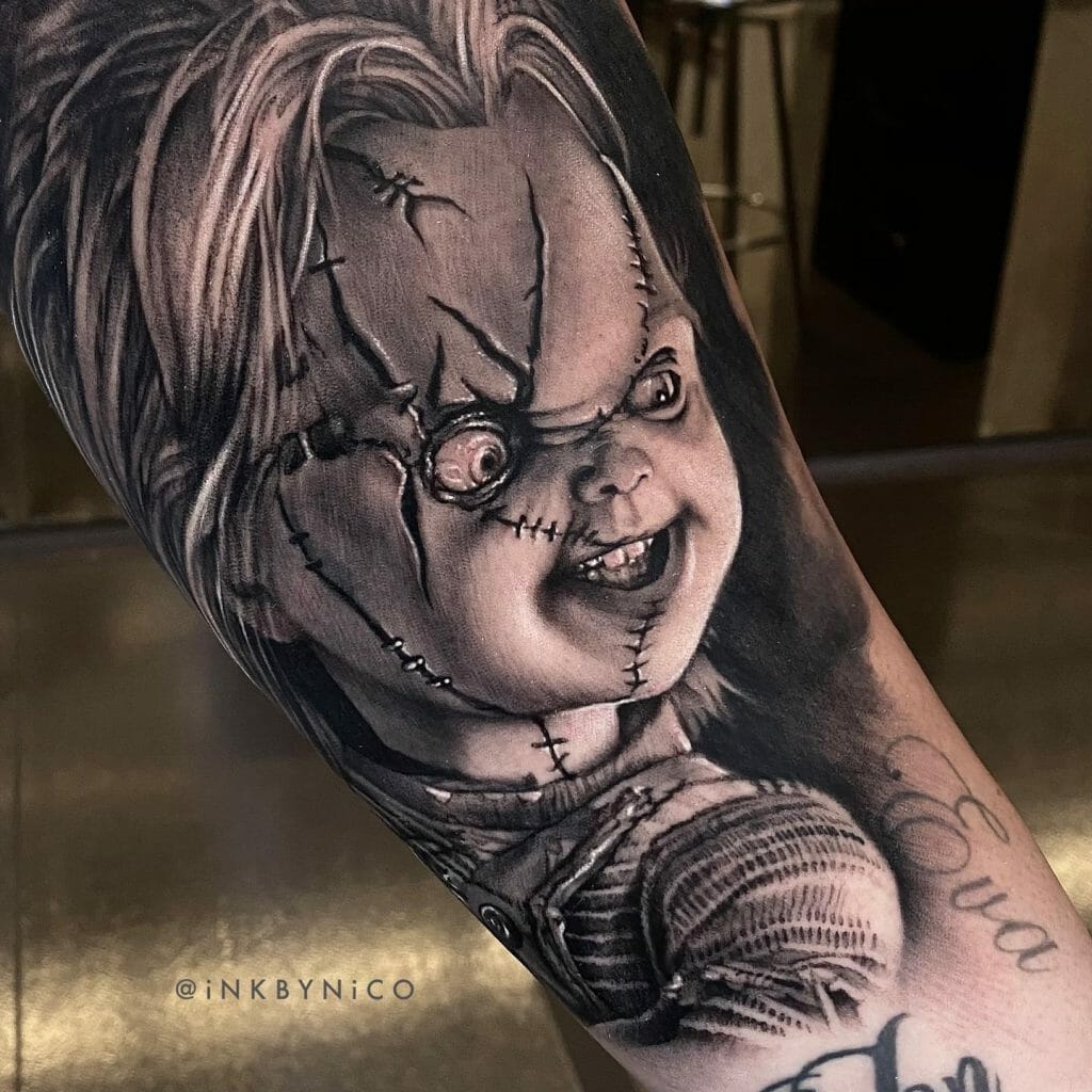 Scary And Realistic Chucky Tattoo Design