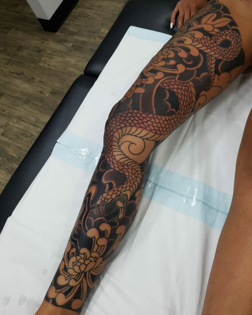 Snake And Chrysanthemum Full Leg Sleeve Tattoo
