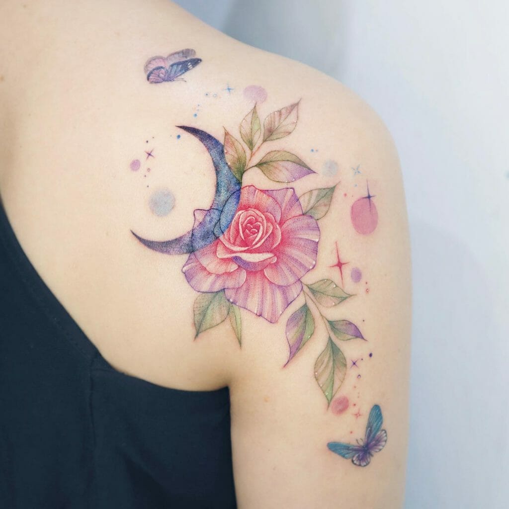 The Random Small Tattoo Sleeve Of Flowers And Moon