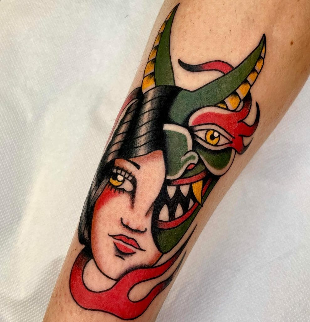 Traditional Lady Devil Face Tattoo