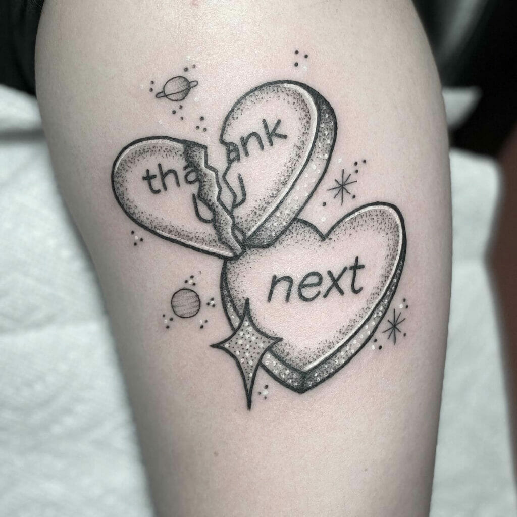 Black Candy Heart Tattoo With Thank You, Next Engravings