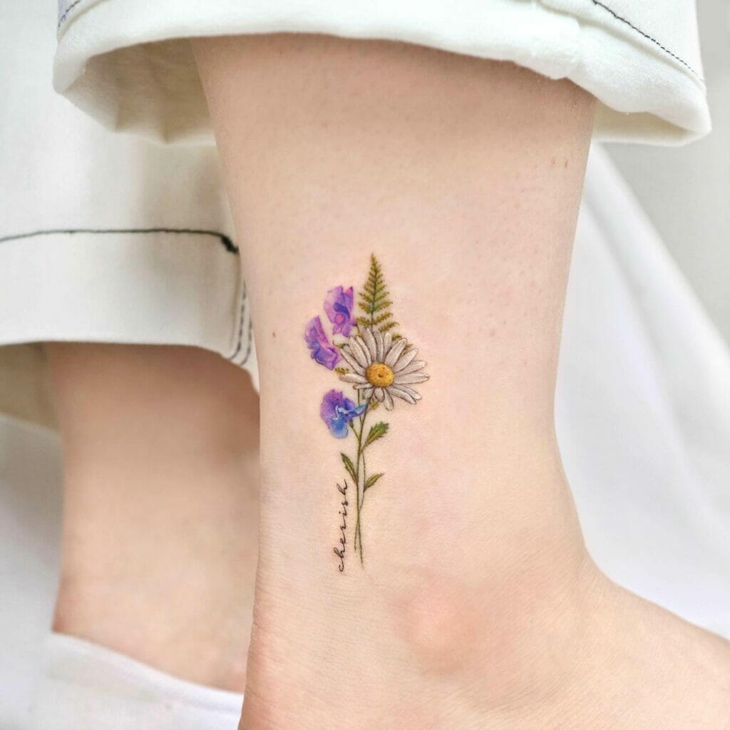 Colorful Ankle Sweet Pea Flower Tattoos