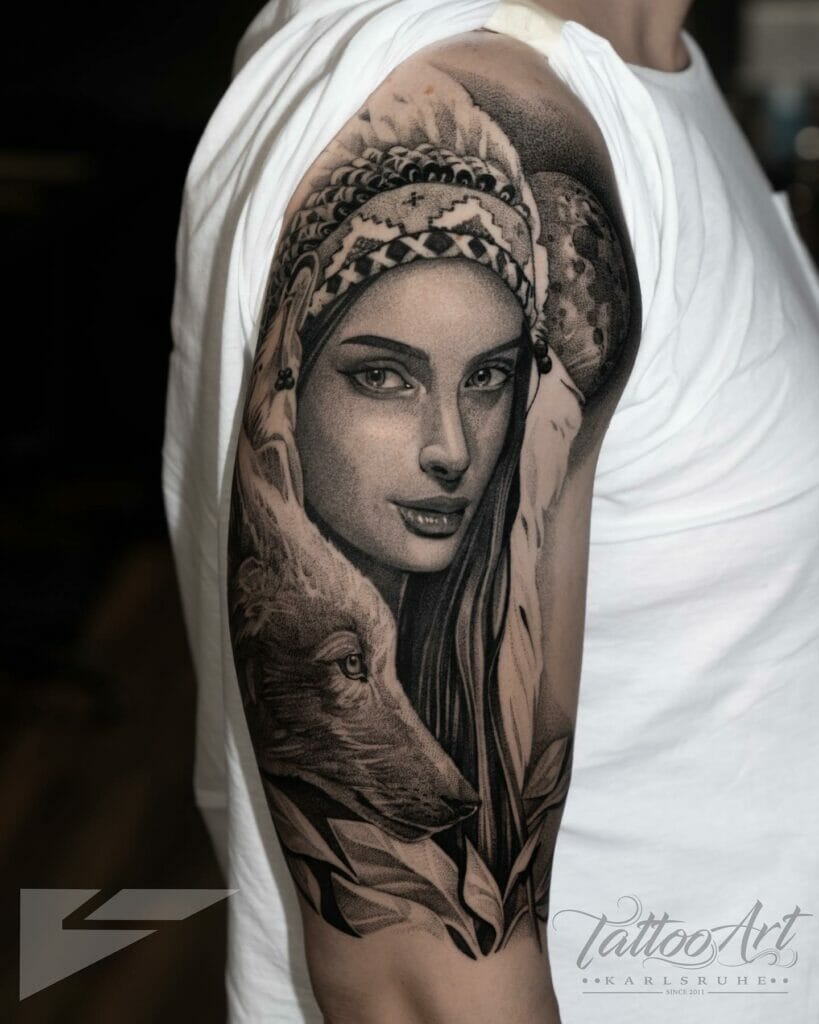 Native American Woman Portrait Arm Sleeve Tattoo