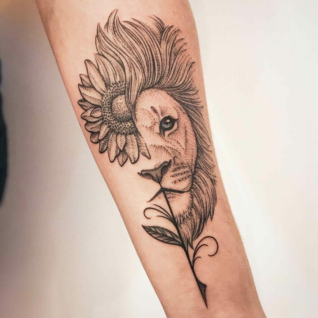 Lion & Sunflower Sketch Tattoo
