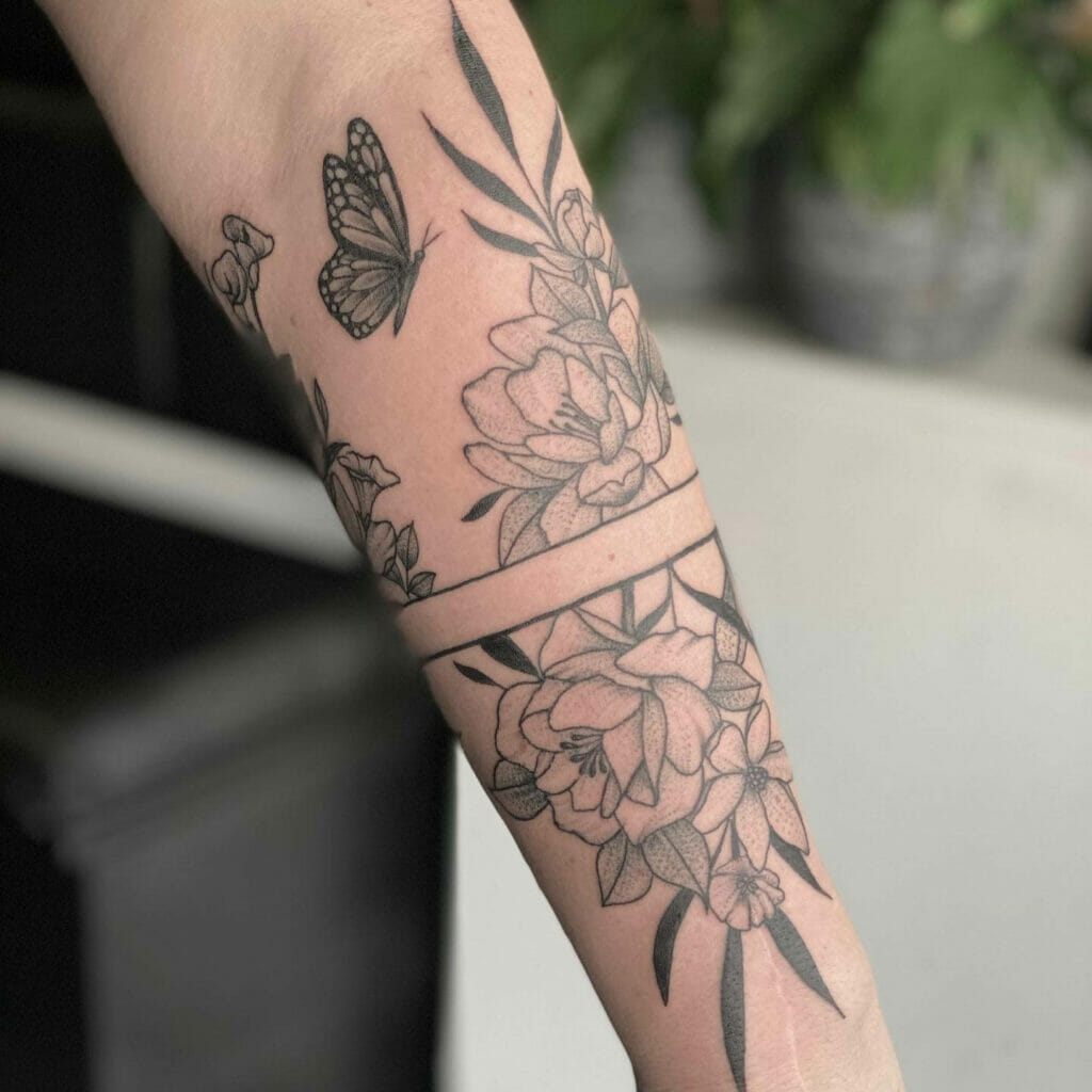 Gorgeous Floral Armband Tattoo With Butterfly