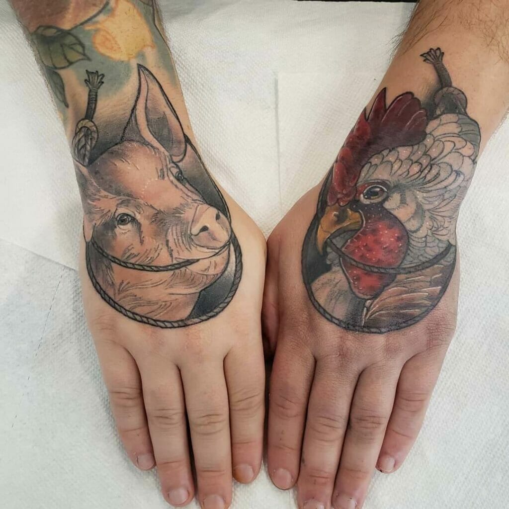Realistic Pig And Rooster Tattoo