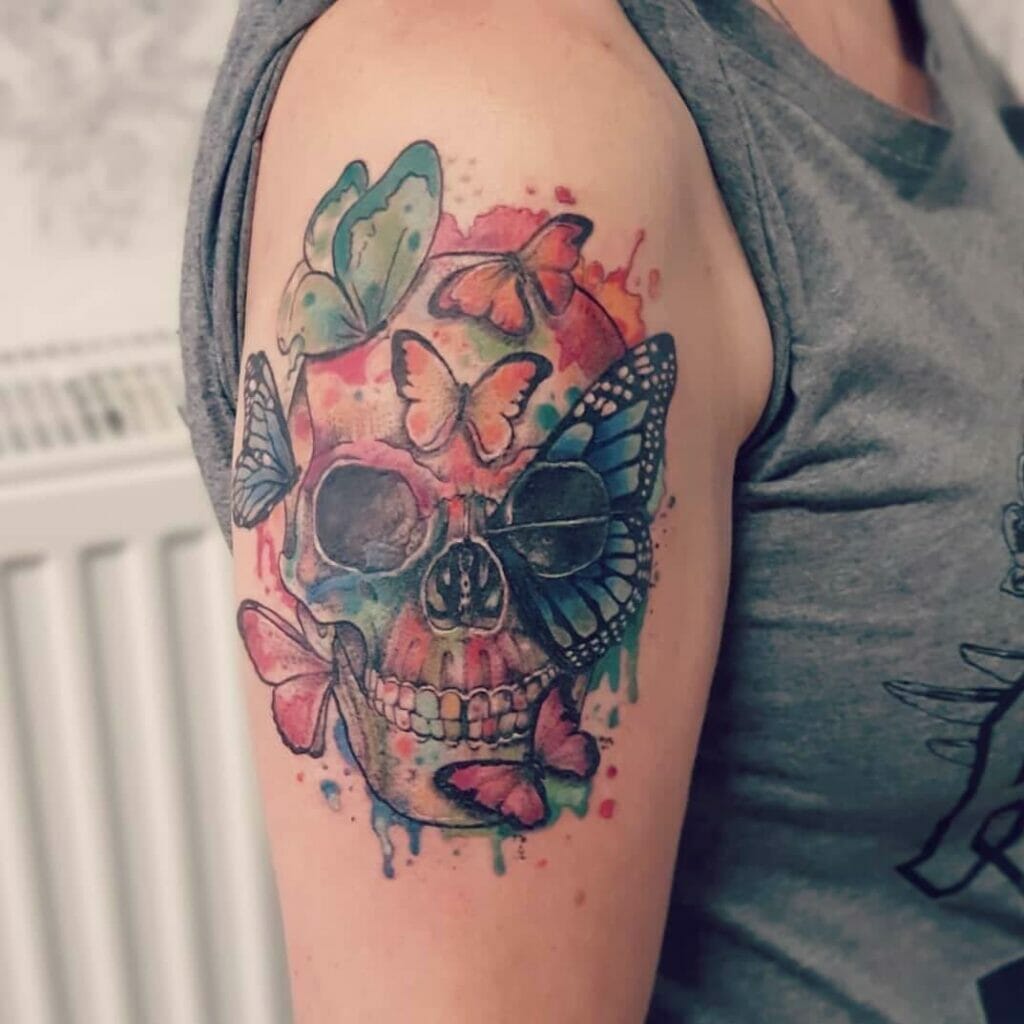 Skull And Butterfly Watercolor Tattoos