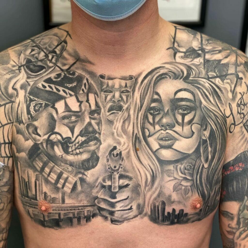 Detailed Grey Mesmerizing Cholo Tattoo For Chest