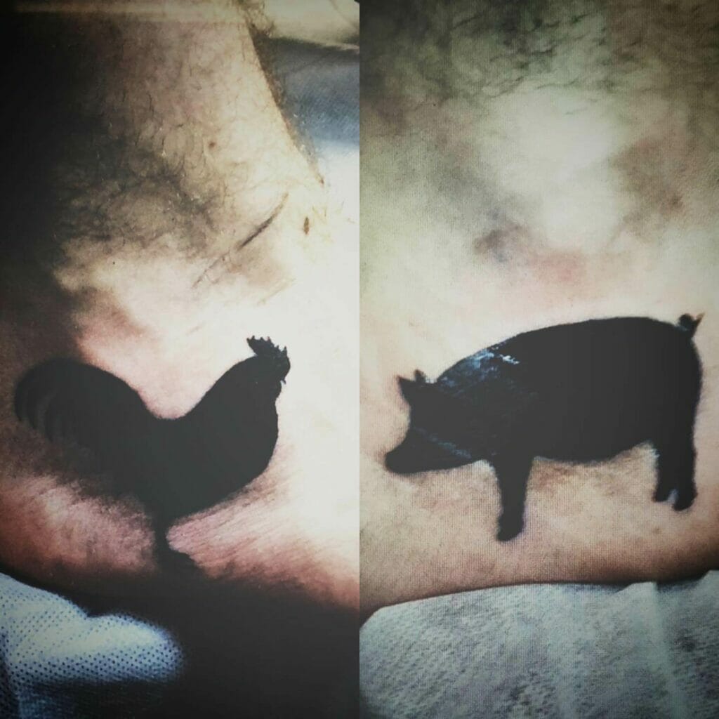 Minimalist Pig And Rooster Tattoo