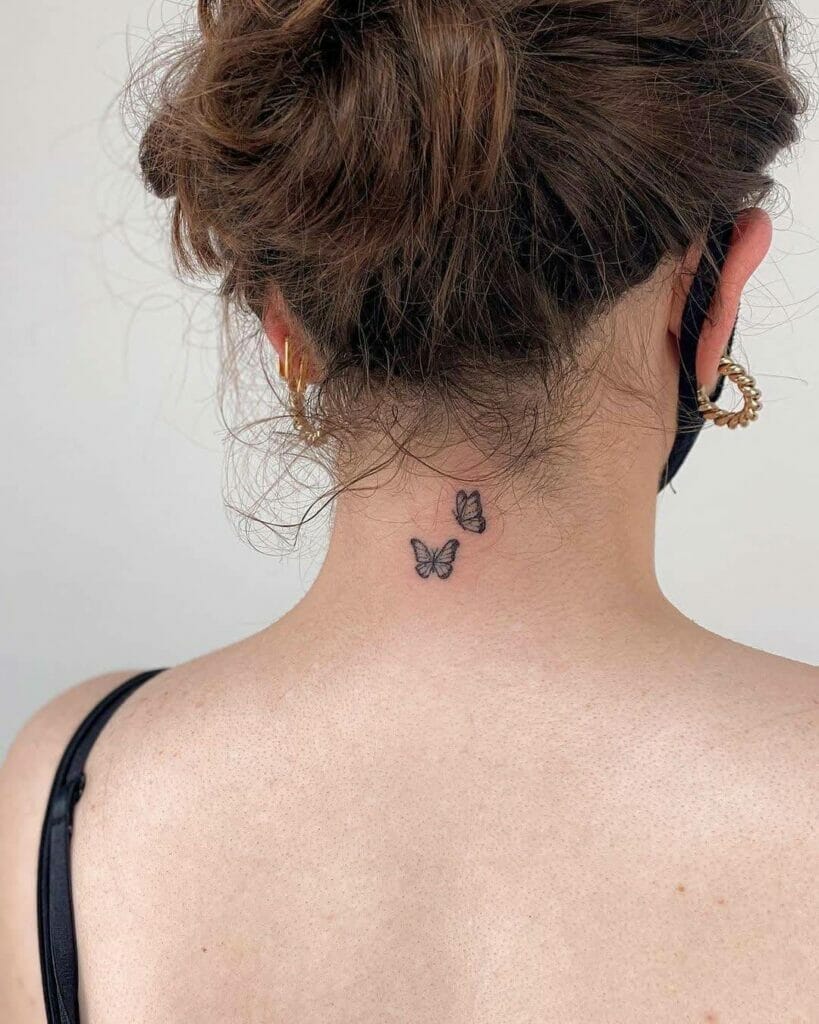 Tiny Twin Butterflies On Neck Tattoo Ideas