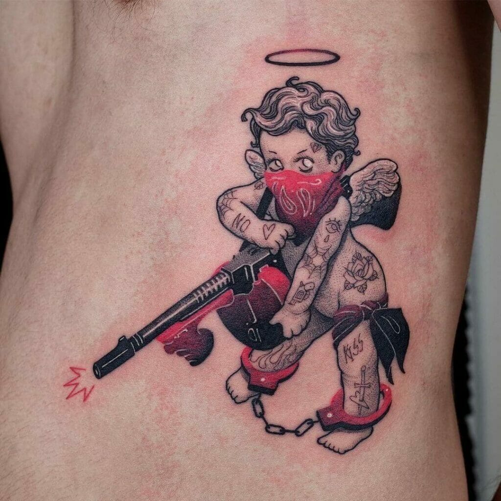 Realistic Angel of Death Tattoo in Black and Red