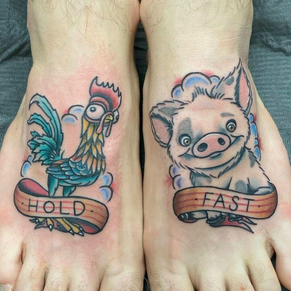 Moana Themed Pig And Rooster Tattoo