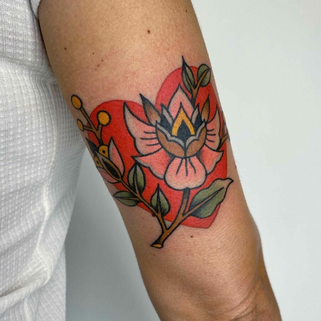 Red Heart With Flowers Tattoo
