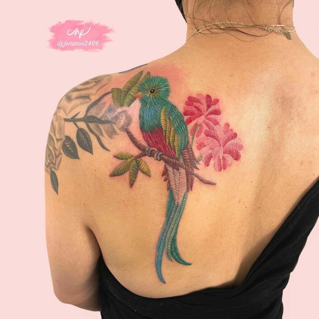 Enigmatic Embroidery Quetzal Tattoo With Flowers