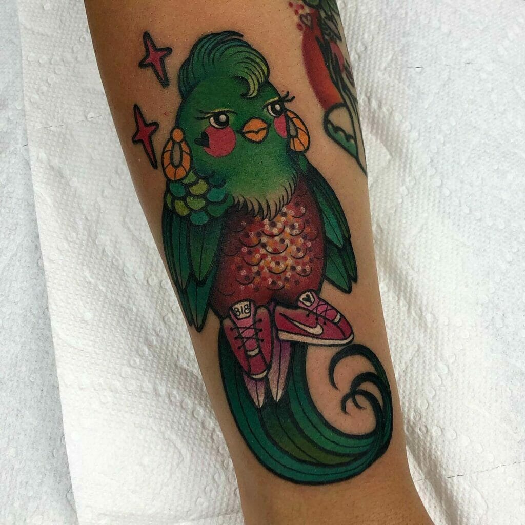 Enchanting And Colorful Quetzal Tattoo