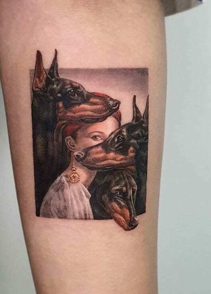 Woman And Three Doberman Tattoo