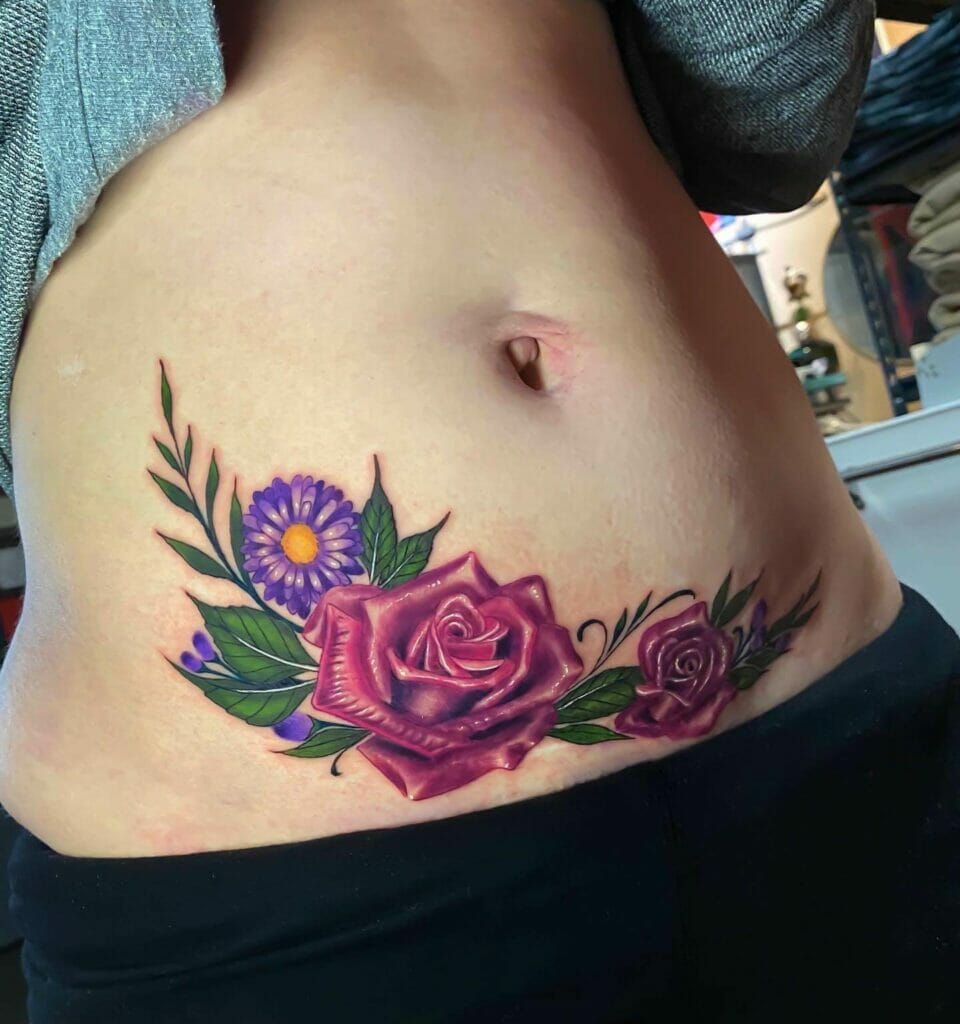 Woman C Section Scar Floral Tattoo