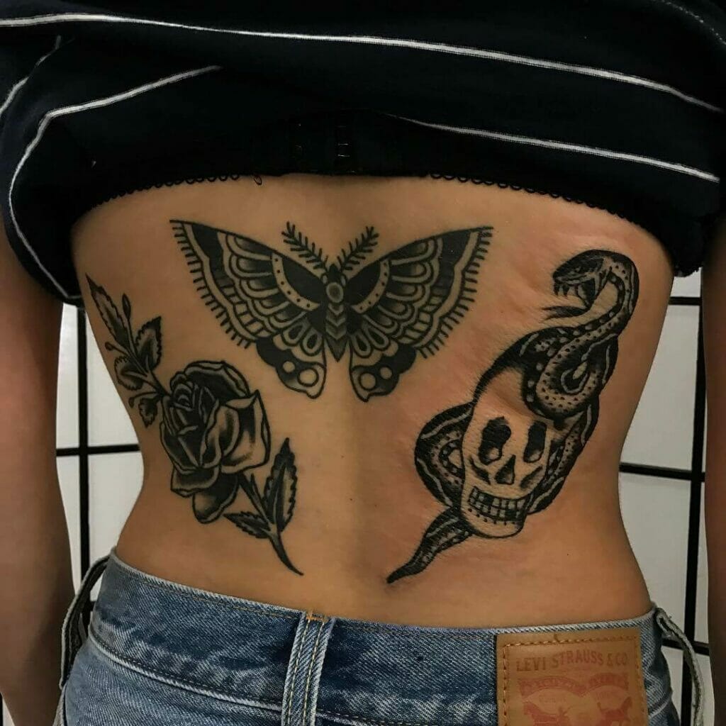 Snake Spine Tattoo With Butterfly, Rose, And A Skeleton