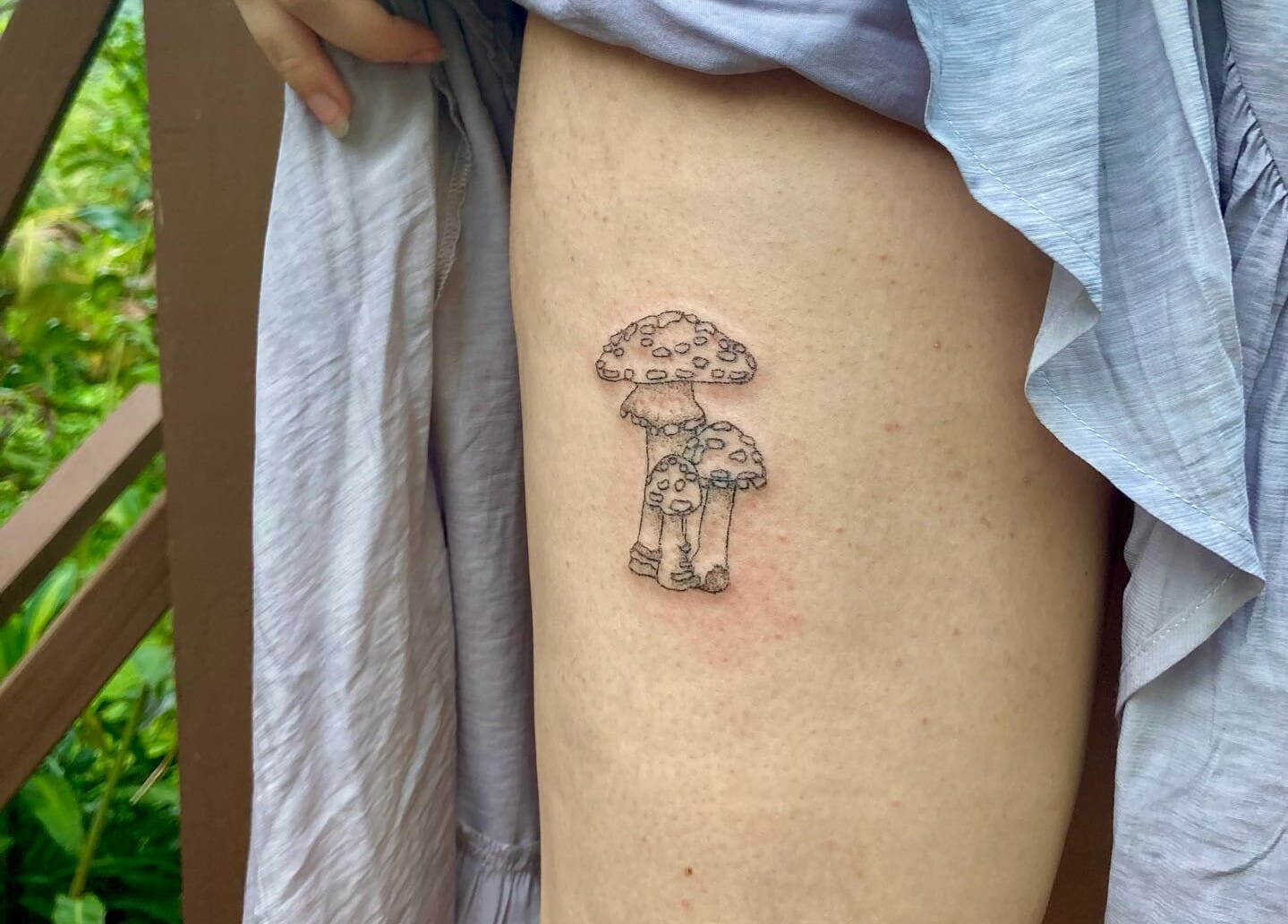 My tattoo of a frog sitting under a mushroom and drinking a beer His name  is Eugene  rfrogs