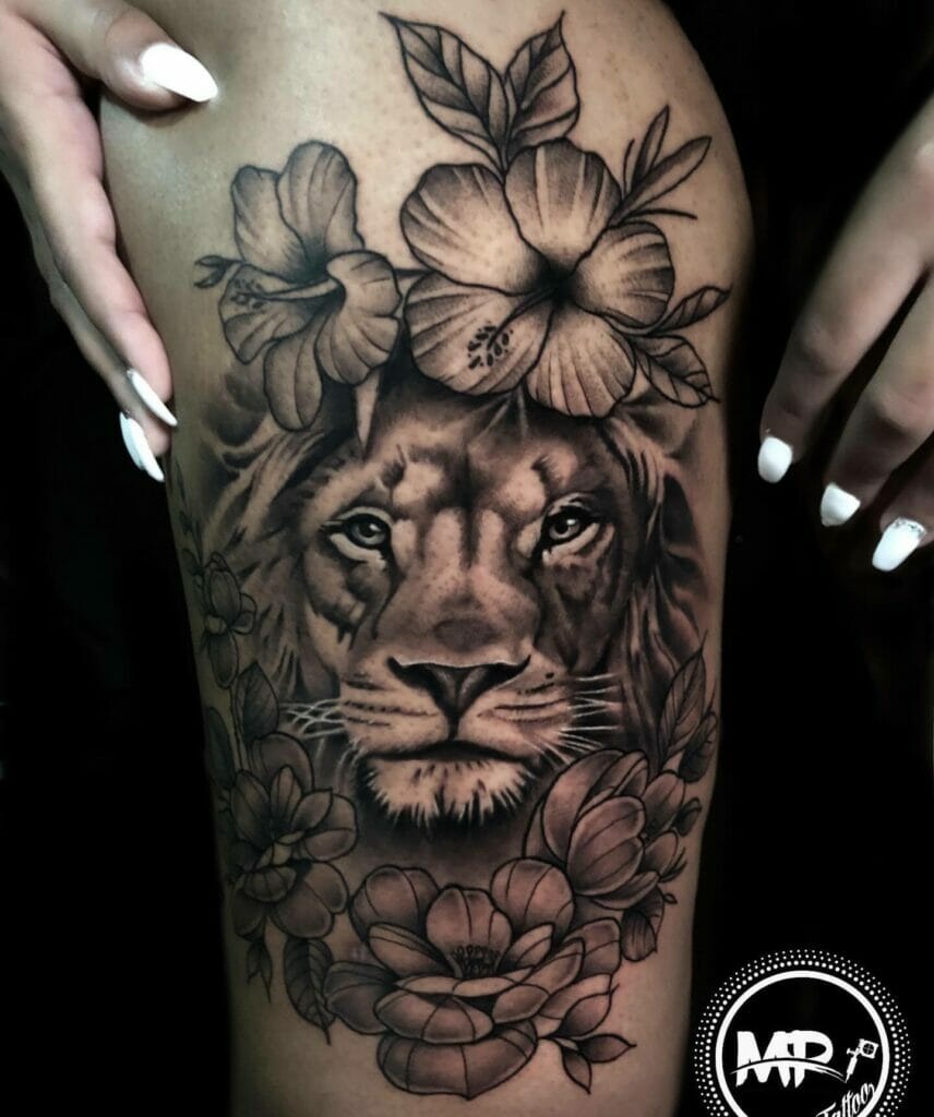 Lion Sleeve Tattoo With Flowers