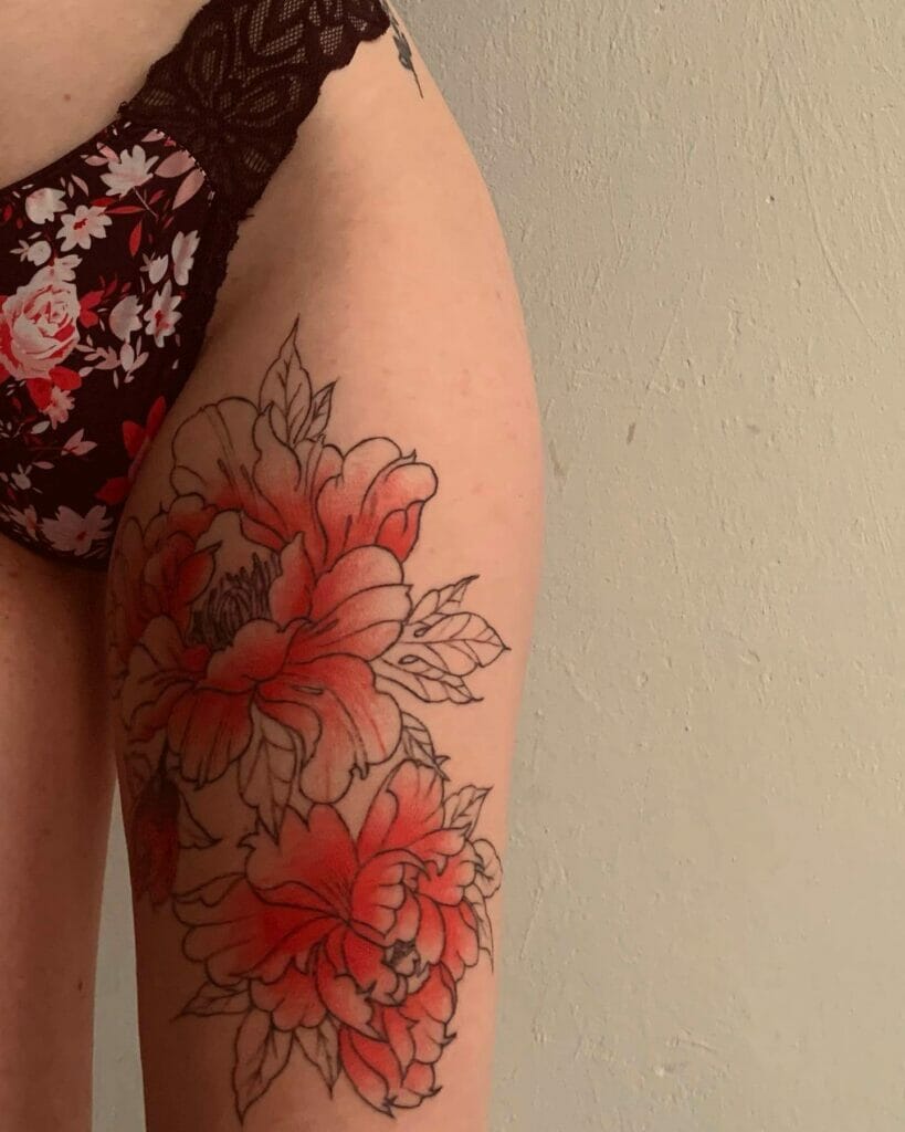Red Ink Peony Flowers Tattoo On Leg