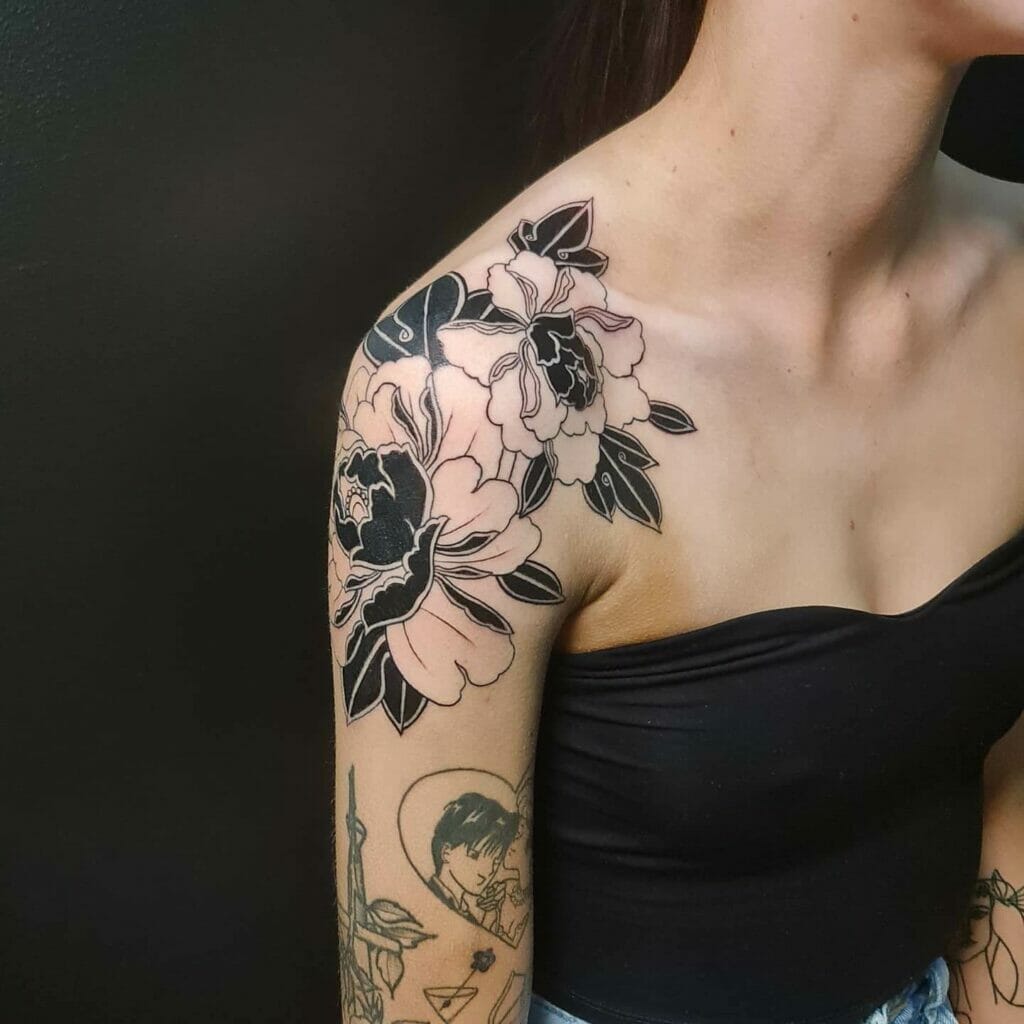 Black And White Japanese Peony Flower Tattoo