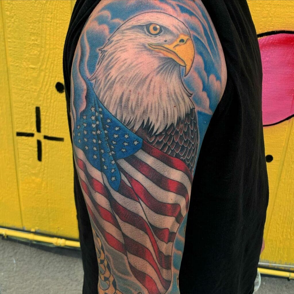 Colored American Flag And Eagle Tattoo