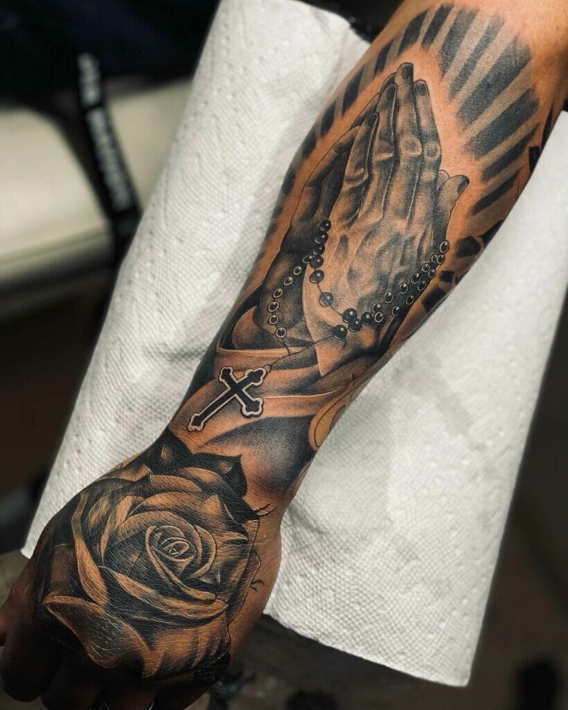 Praying Hands Tattoo with Roses and Cross in Black