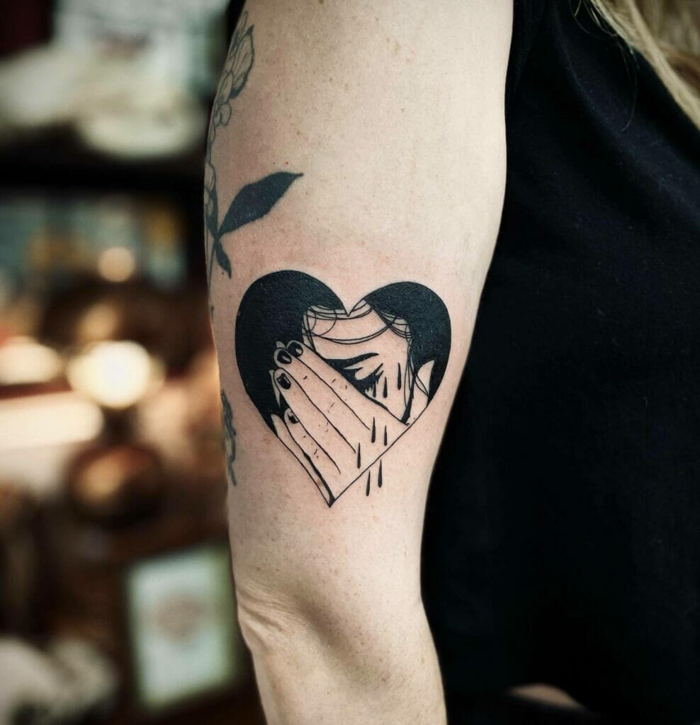 Crying Sad Girl Inside A Framed Heart Tattoo