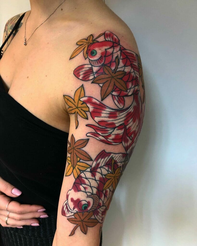 Ascending Red Koi And Spring Tattoo