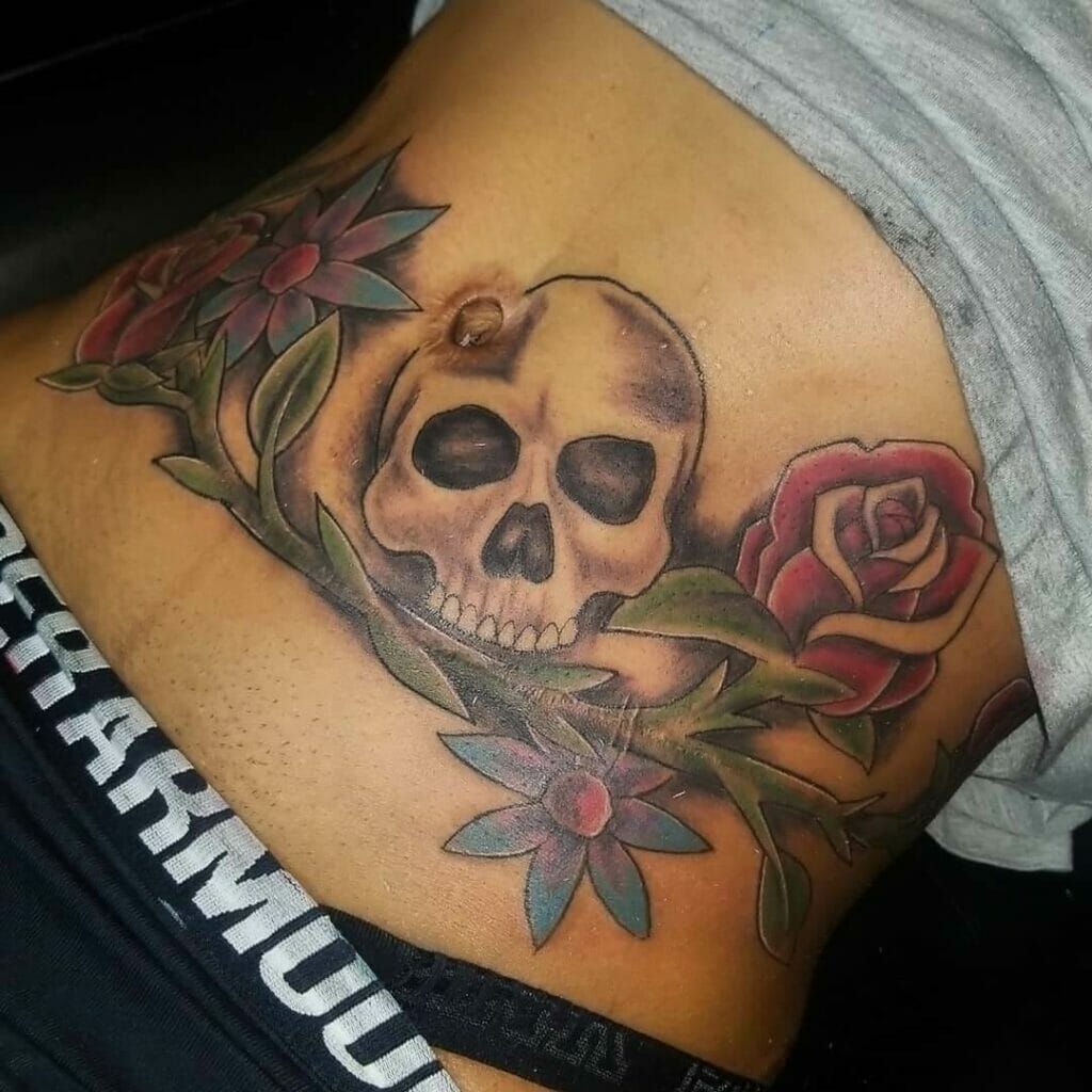 Tummy Tuck Tattoo With Skull