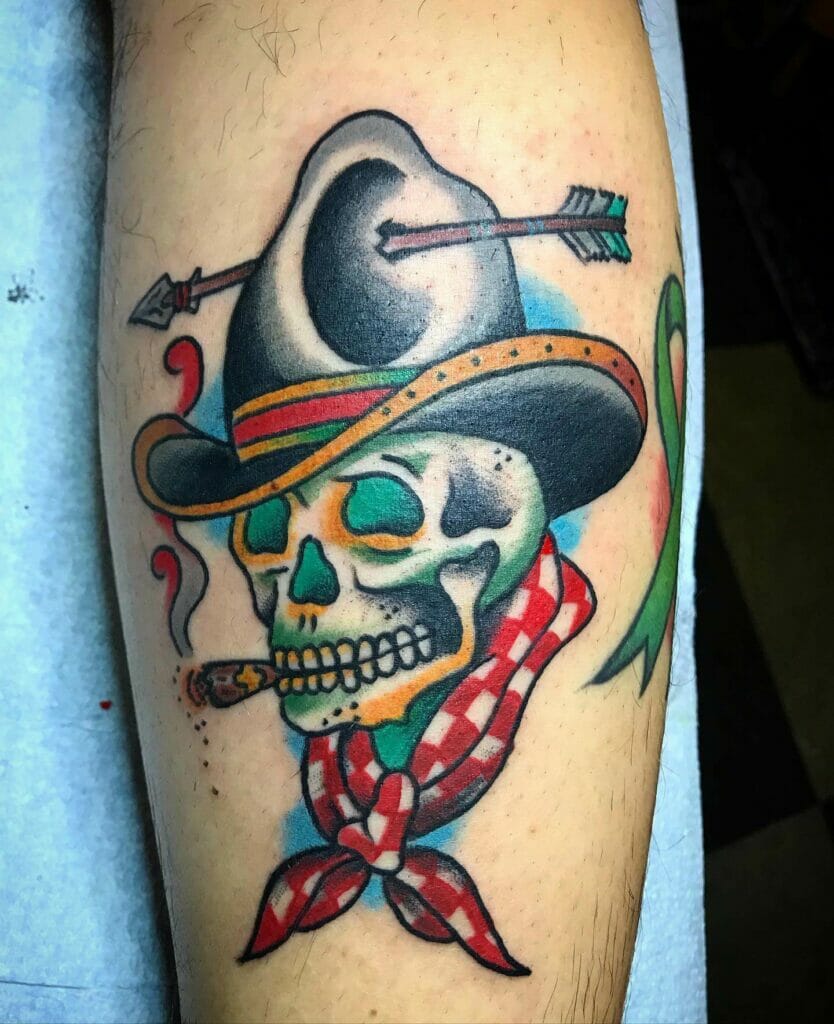 Colored Cowboy Skull Tattoo With An Arrow In Its Hat