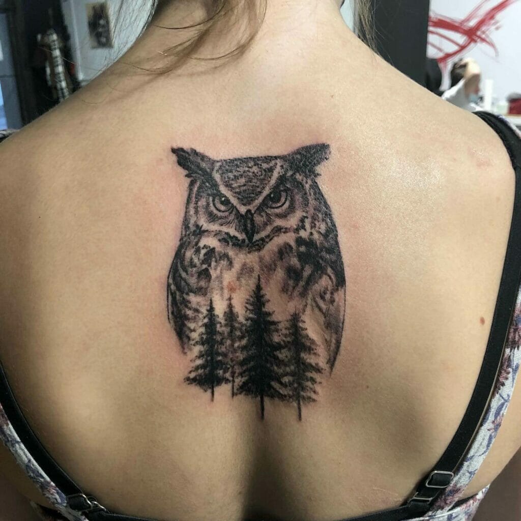 Black And Grey Owl Tattoo On Back