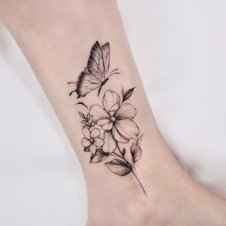 Black Ink Gorgeous Butterfly Ankle Tattoo