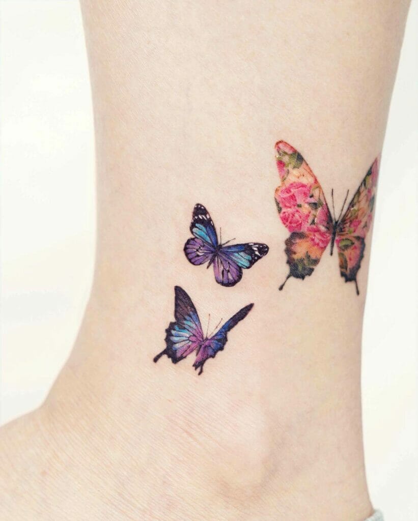 Vibrant Colors Butterfly Ankle Tattoo