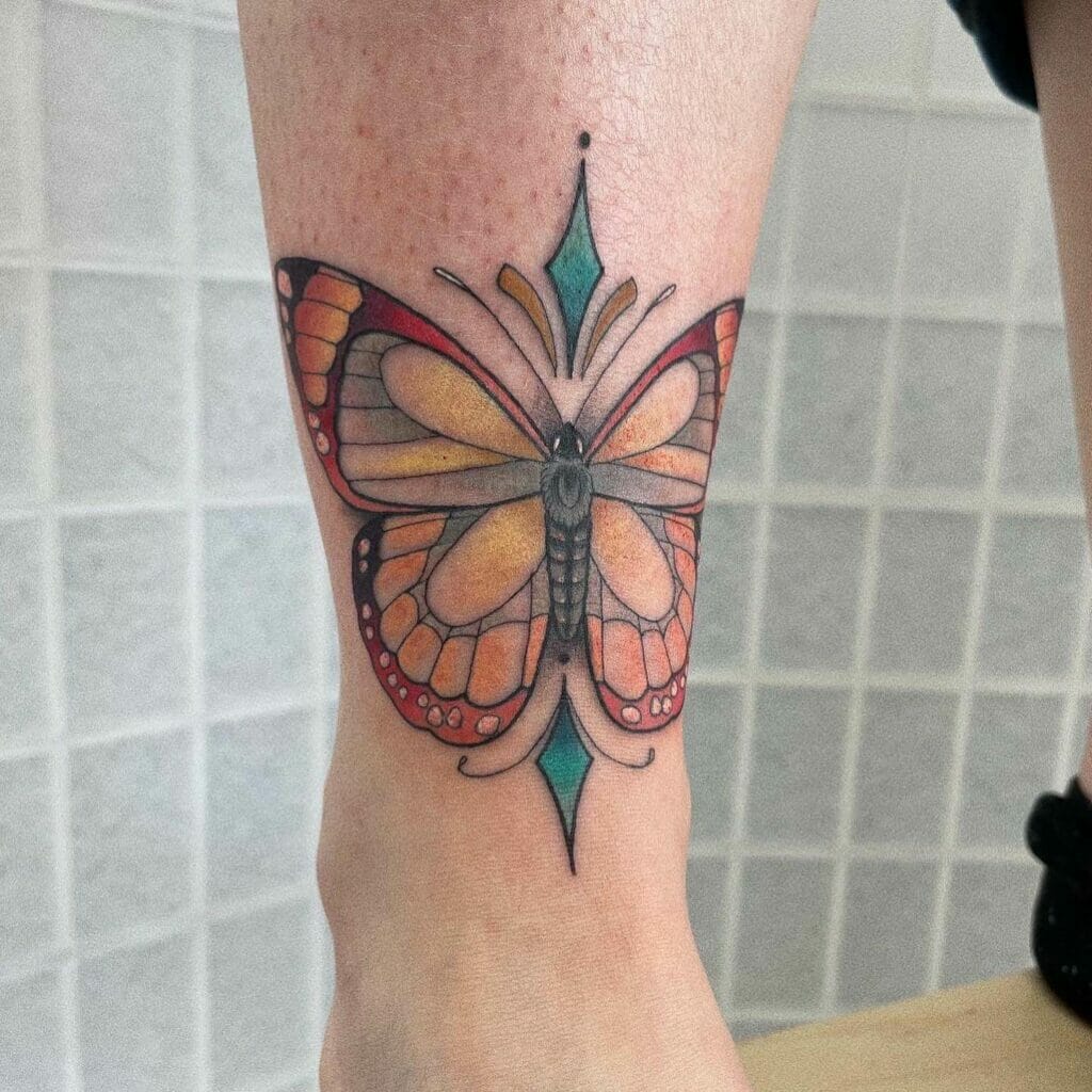 Bold Colors Unique Design Butterfly Tattoo On Ankle