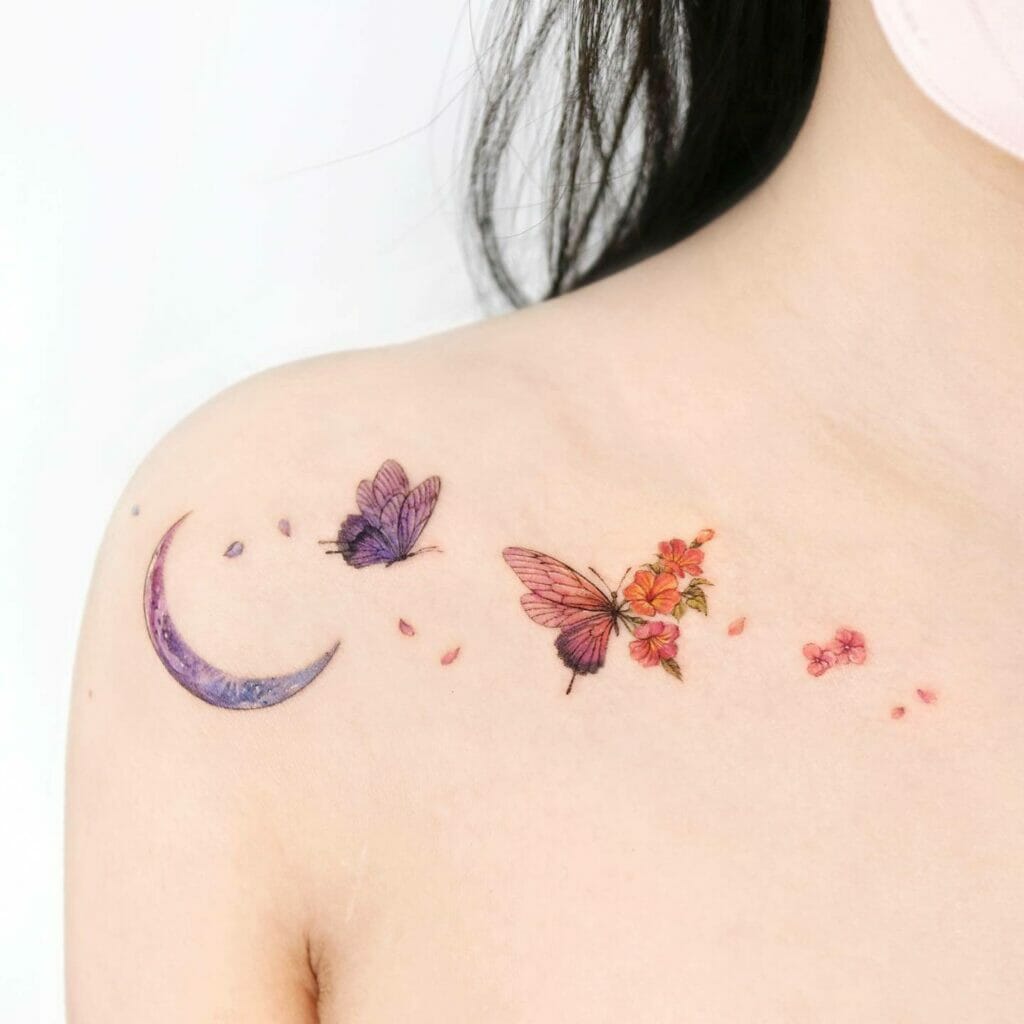 Fantastic Flower Shoulder Tattoos With Lunar Eclipse