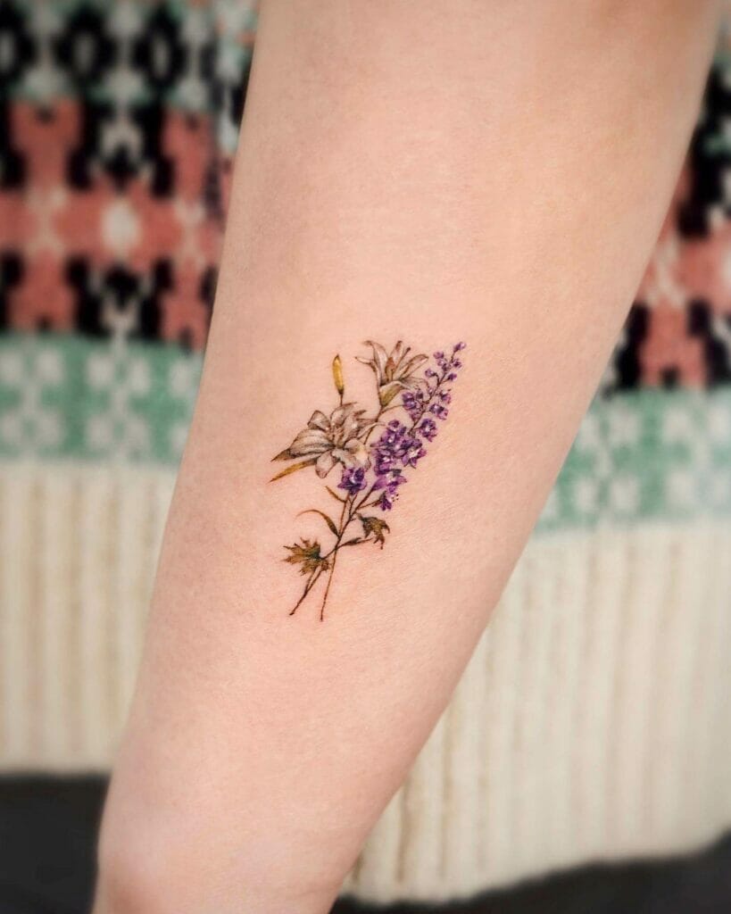 Lily And Delphinium Flower Wrist Tattoo Ideas