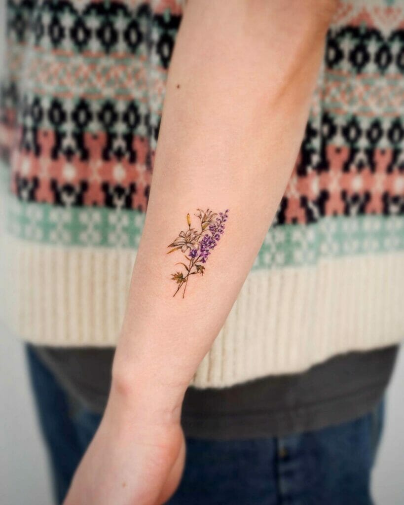White Lilies And Purple Delphinium Tattoo